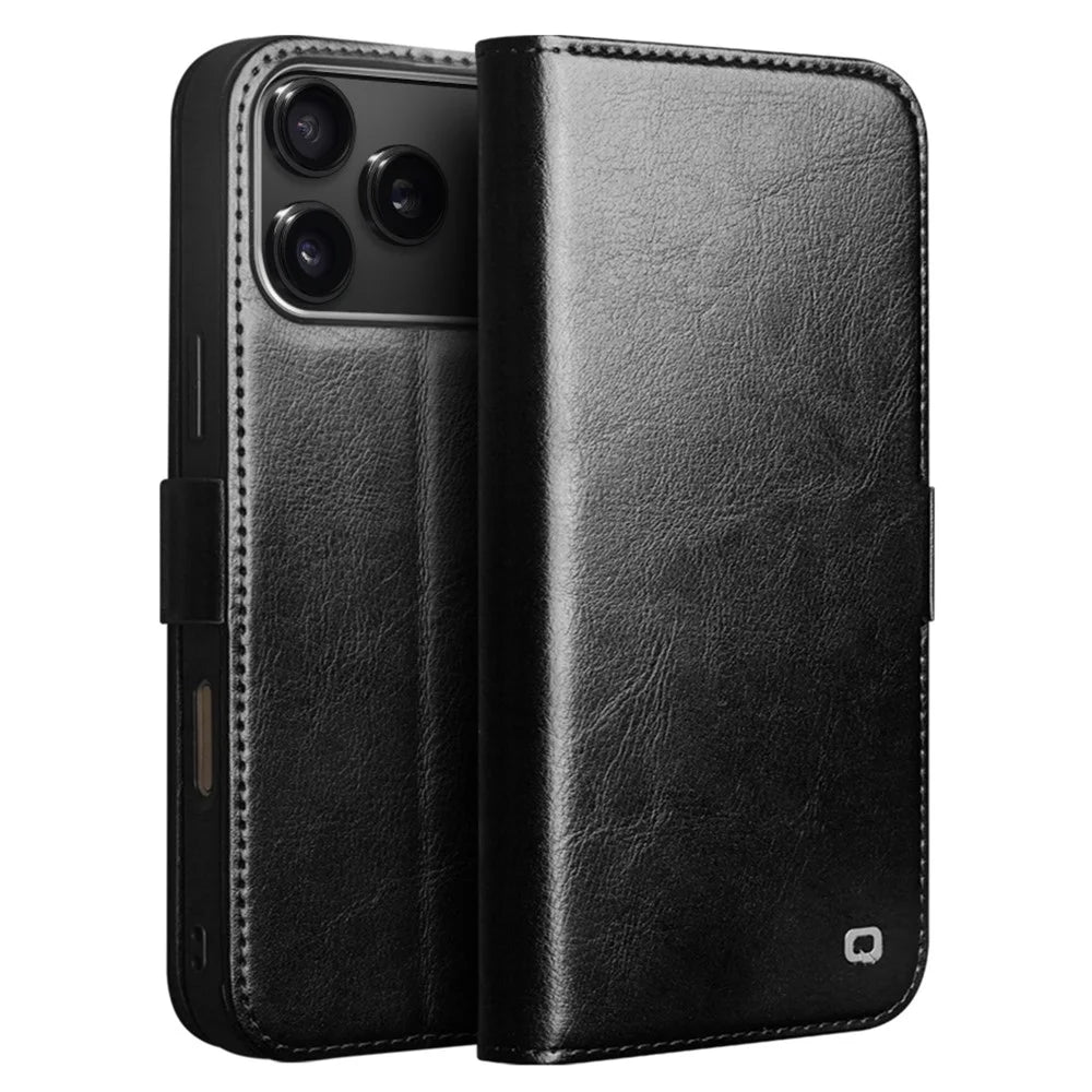 QIALINO For iPhone 17 Pro Max Case with Card Holder Genuine Cow Leather Stand Phone Cover - Black - 1