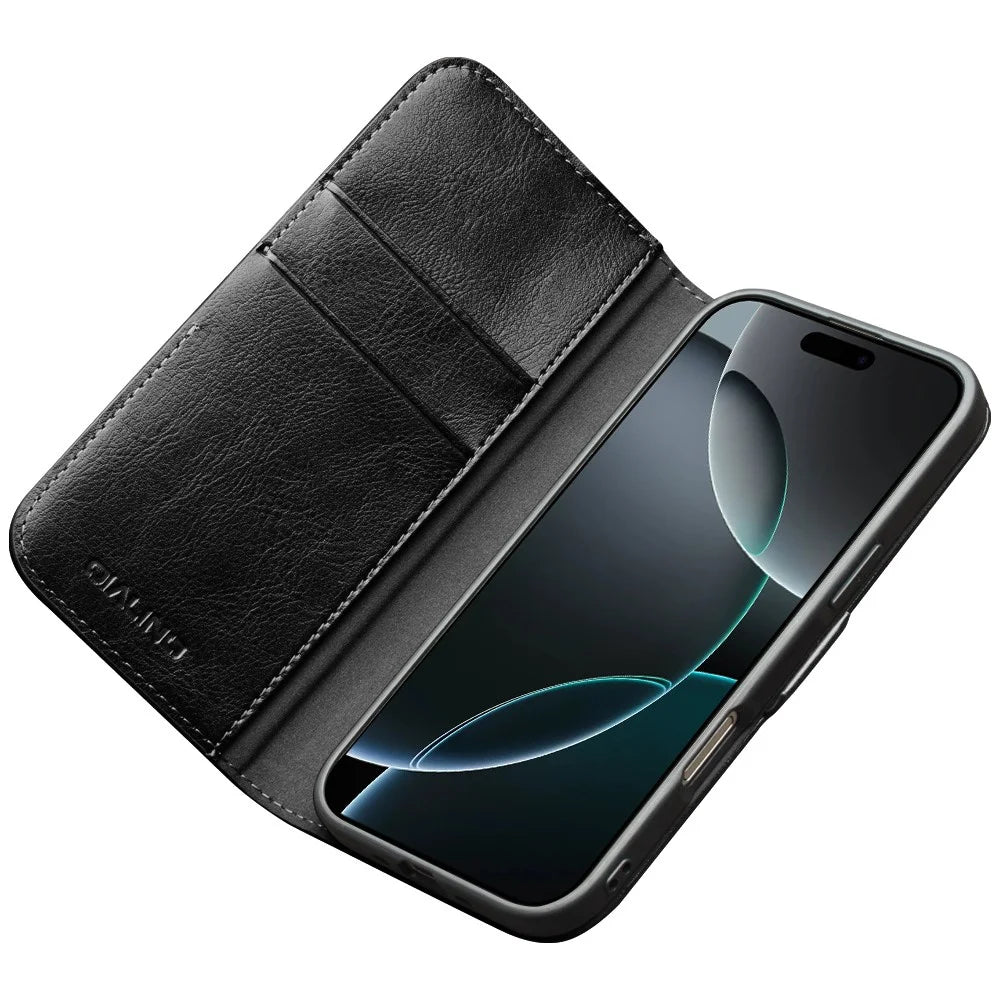 QIALINO For iPhone 17 Pro Max Case with Card Holder Genuine Cow Leather Stand Phone Cover - Black - 2