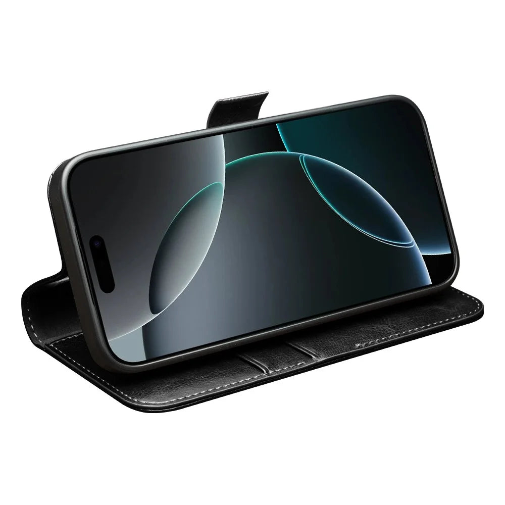 QIALINO For iPhone 17 Pro Max Case with Card Holder Genuine Cow Leather Stand Phone Cover - Black - 3