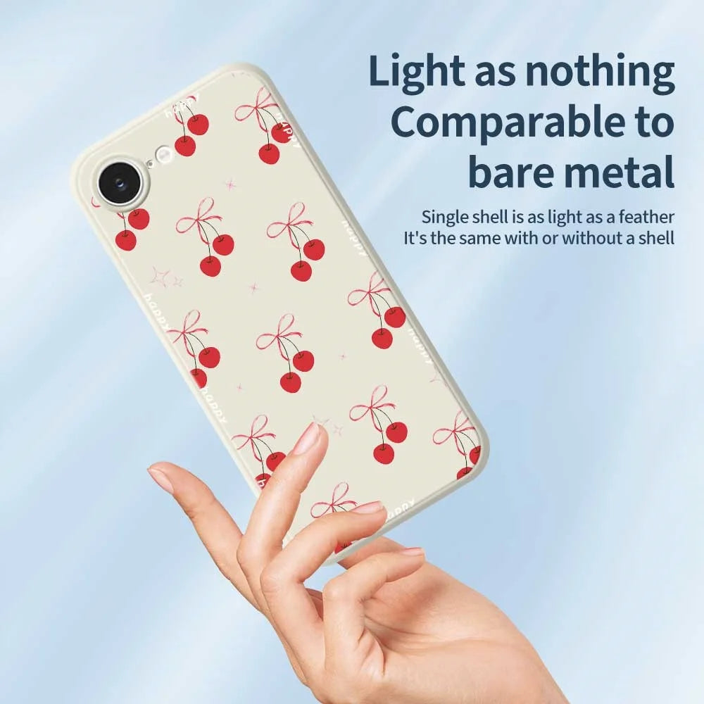 For iPhone 17e / 16e Case Cute Bow Cherry Pattern Printing Straight Edge TPU Phone Back Cover - Beige - 3
