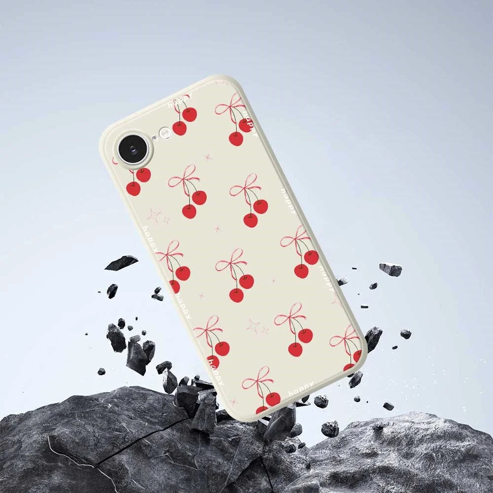 For iPhone 17e / 16e Case Cute Bow Cherry Pattern Printing Straight Edge TPU Phone Back Cover - Beige - 5