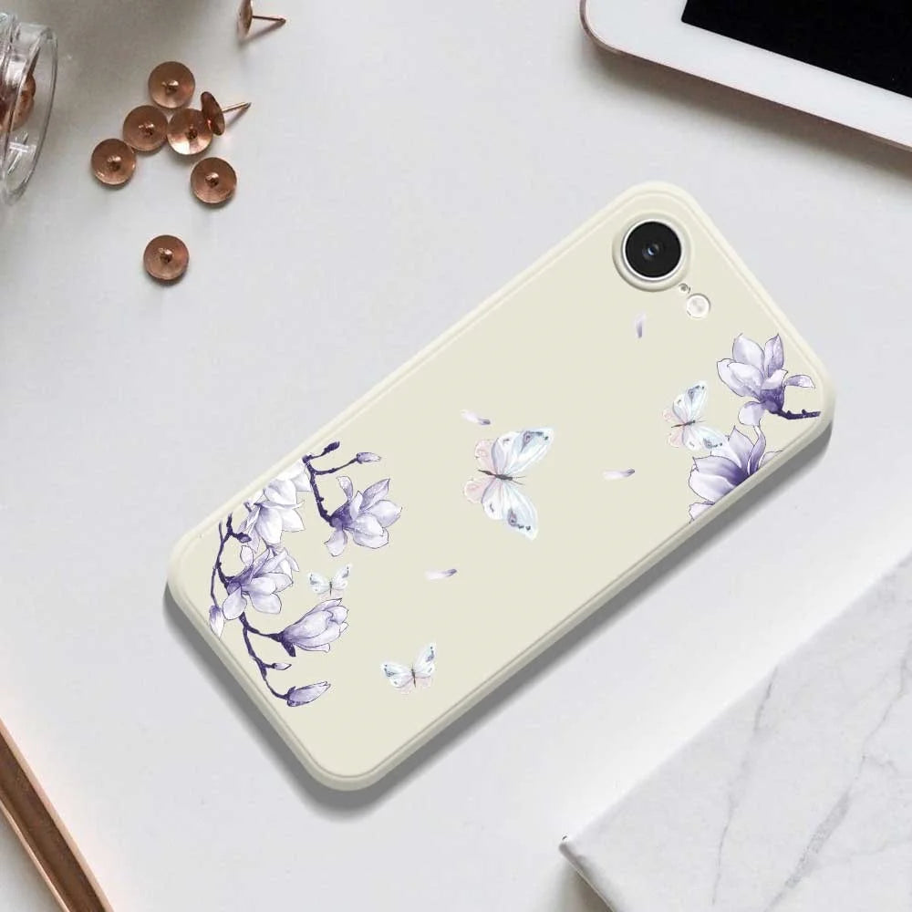 For iPhone 17e / 16e Case Butterfly Magnolia Pattern Printing Straight Edge TPU Phone Back Cover - Black - 6