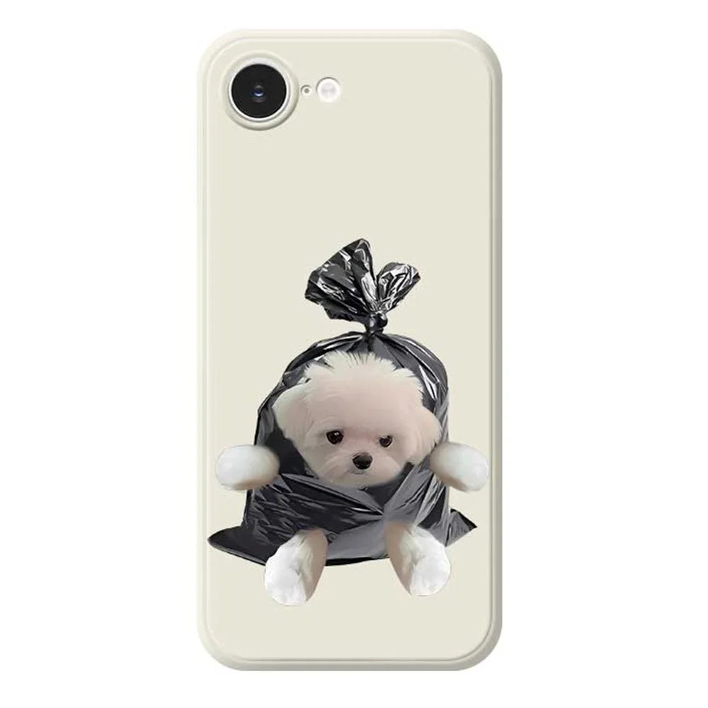 For iPhone 17e / 16e Case Garbage Bag Dog Pattern Printing Straight Edge TPU Phone Back Cover - Beige - 1