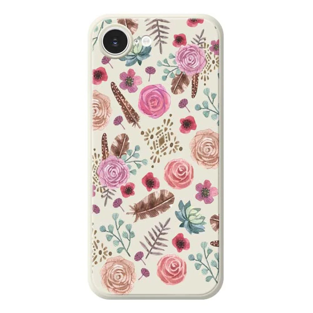 For iPhone 17e / 16e Case Various Flower Pattern Printing Straight Edge TPU Phone Back Cover - Beige - 1