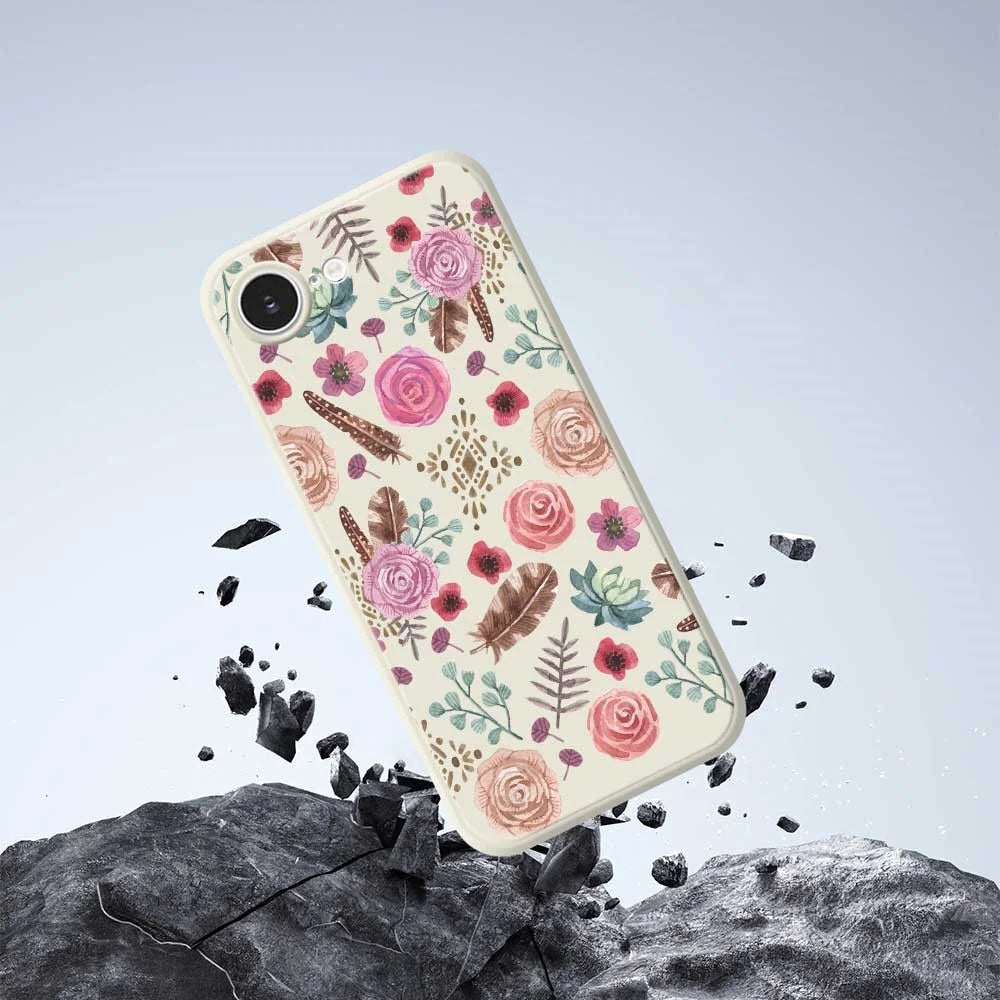 For iPhone 17e / 16e Case Various Flower Pattern Printing Straight Edge TPU Phone Back Cover - Beige - 6