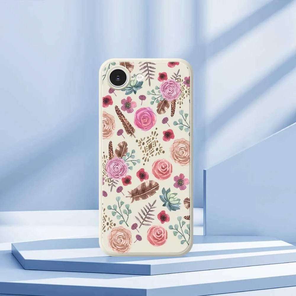 For iPhone 17e / 16e Case Various Flower Pattern Printing Straight Edge TPU Phone Back Cover - Beige - 7
