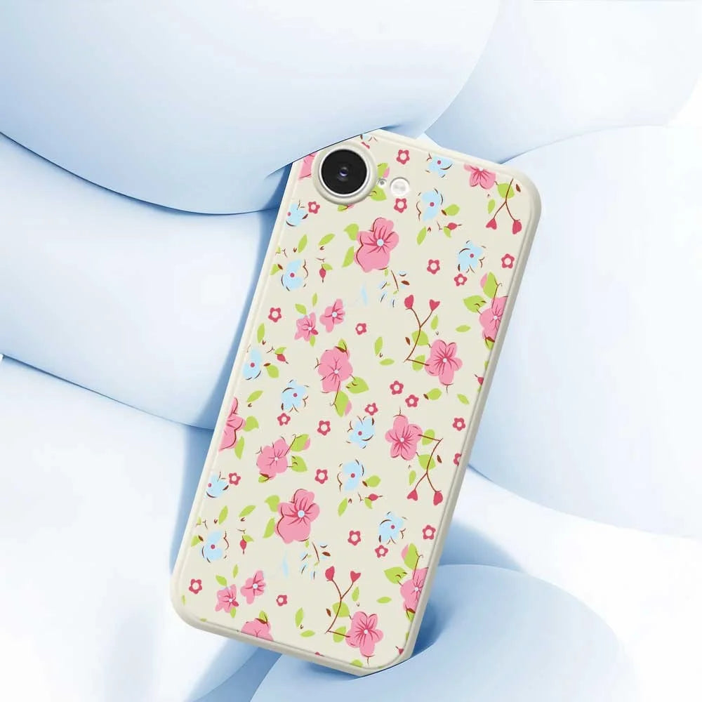 For iPhone 17e / 16e Case Pink and Blue Flowers Pattern Printing Straight Edge TPU Phone Back Cover - Beige - 4