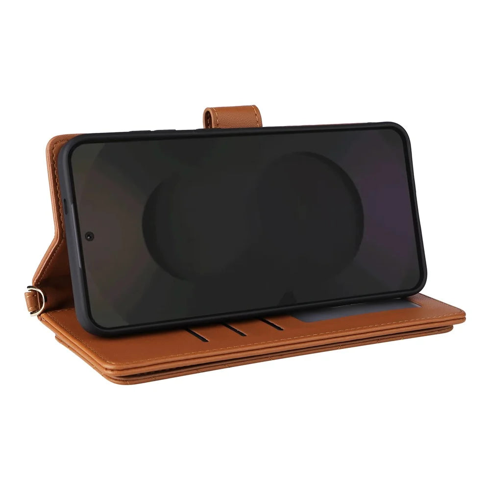 For Samsung Galaxy S25 FE Case with Shoulder / Wrist Strap Leather Phone Cover Stand Wallet - Brown - 5