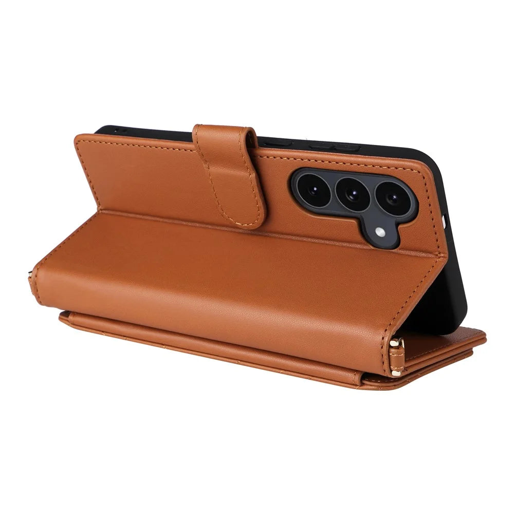 For Samsung Galaxy S25 FE Case with Shoulder / Wrist Strap Leather Phone Cover Stand Wallet - Brown - 6