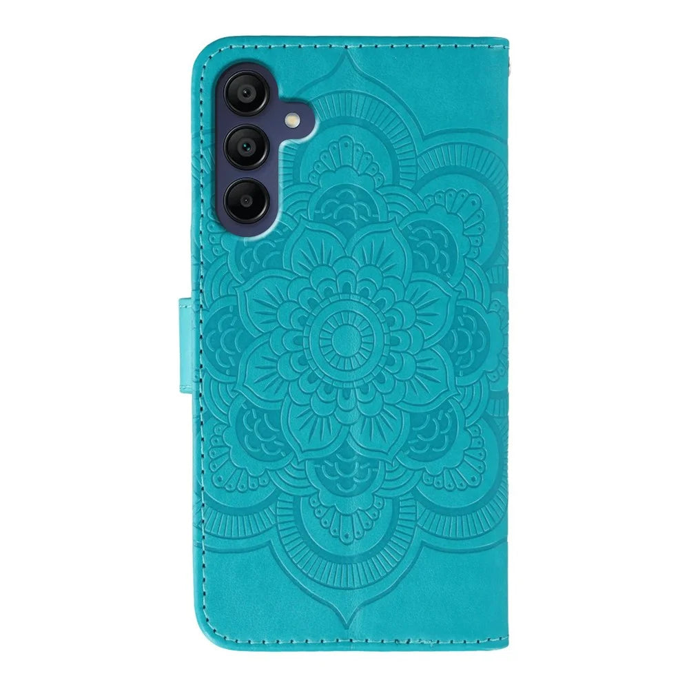 For Samsung Galaxy S24 FE Case Rhinestone Decor PU Leather Mandala Imprinted Design Phone Cover with Wrist Strap - Blue - 5