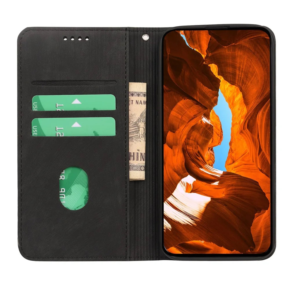 For Samsung Galaxy A18 5G / A18 4G / A17 5G / A17 4G Case Strong Magnetic Leather Wallet Phone Cover with Striped Texture - Black - 2
