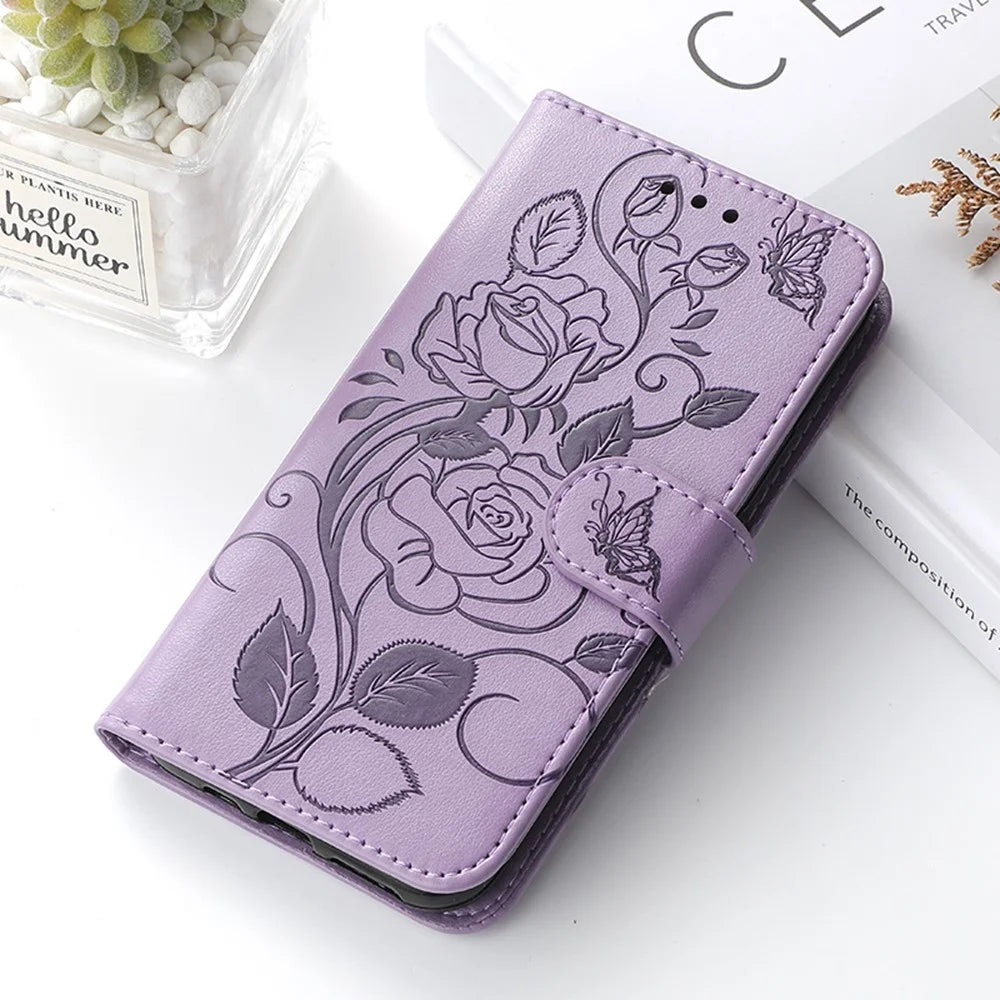 For Samsung Galaxy S25 FE Case Wallet Stand Imprinted Rose Butterfly PU Leather Phone Cover - Purple - 6