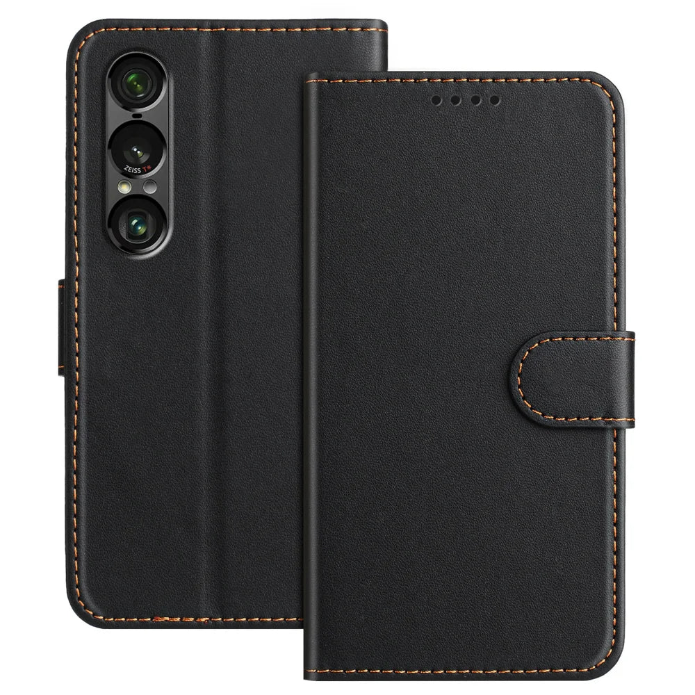 For Sony Xperia 1 VII Leather Case Wallet Stand Solid Color Anti Drop Phone Cover - Black - 1