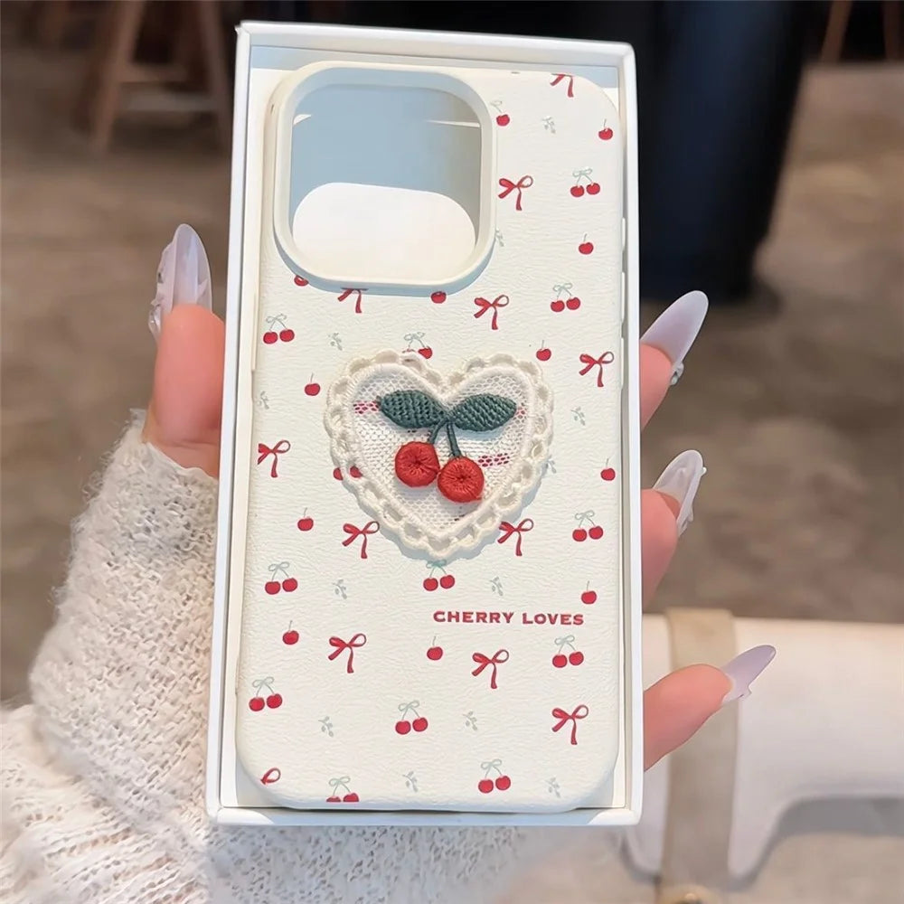 For iPhone 15 Pro Case Embroidered Cherry Litchi Texture PU Leather + TPU Phone Back Cover - 2