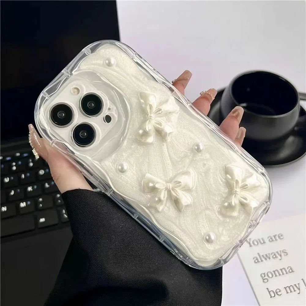 For iPhone 16 Pro Max Case 3D Butterfly Bow Pearl Design Clear Edge TPU Phone Back Cover - 2