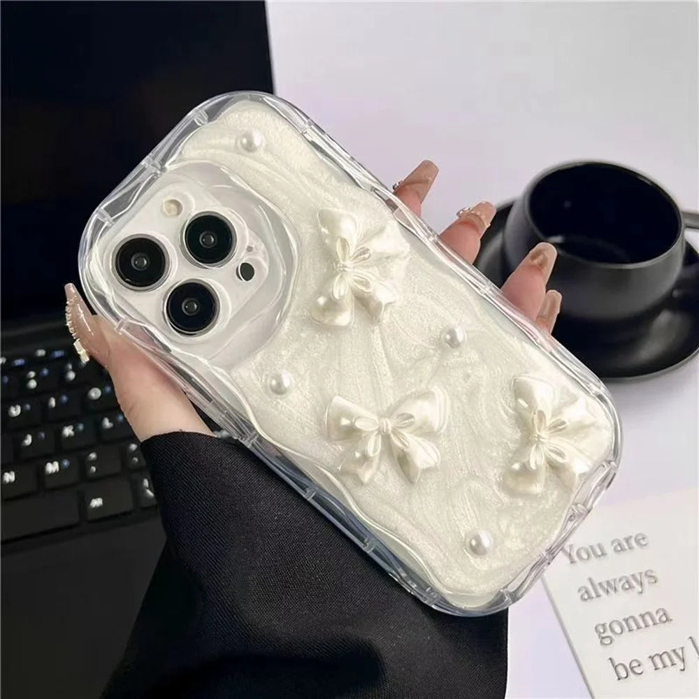 For iPhone 15 Pro Max Case 3D Butterfly Bow Pearl Design Clear Edge TPU Phone Back Cover - 3