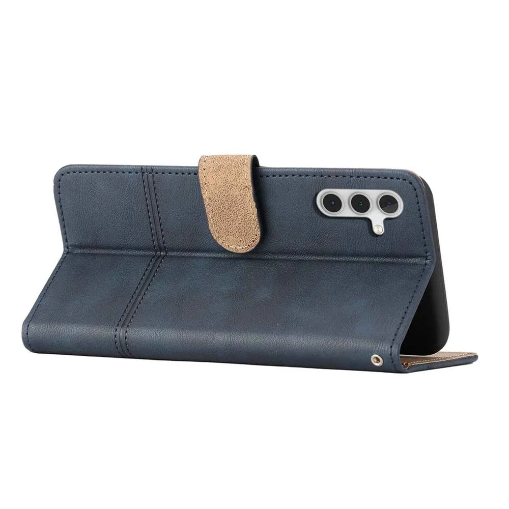 For Samsung Galaxy S25 FE Wallet Case Line Imprinted Cowhide Texture PU Leather Phone Cover - Blue - 4