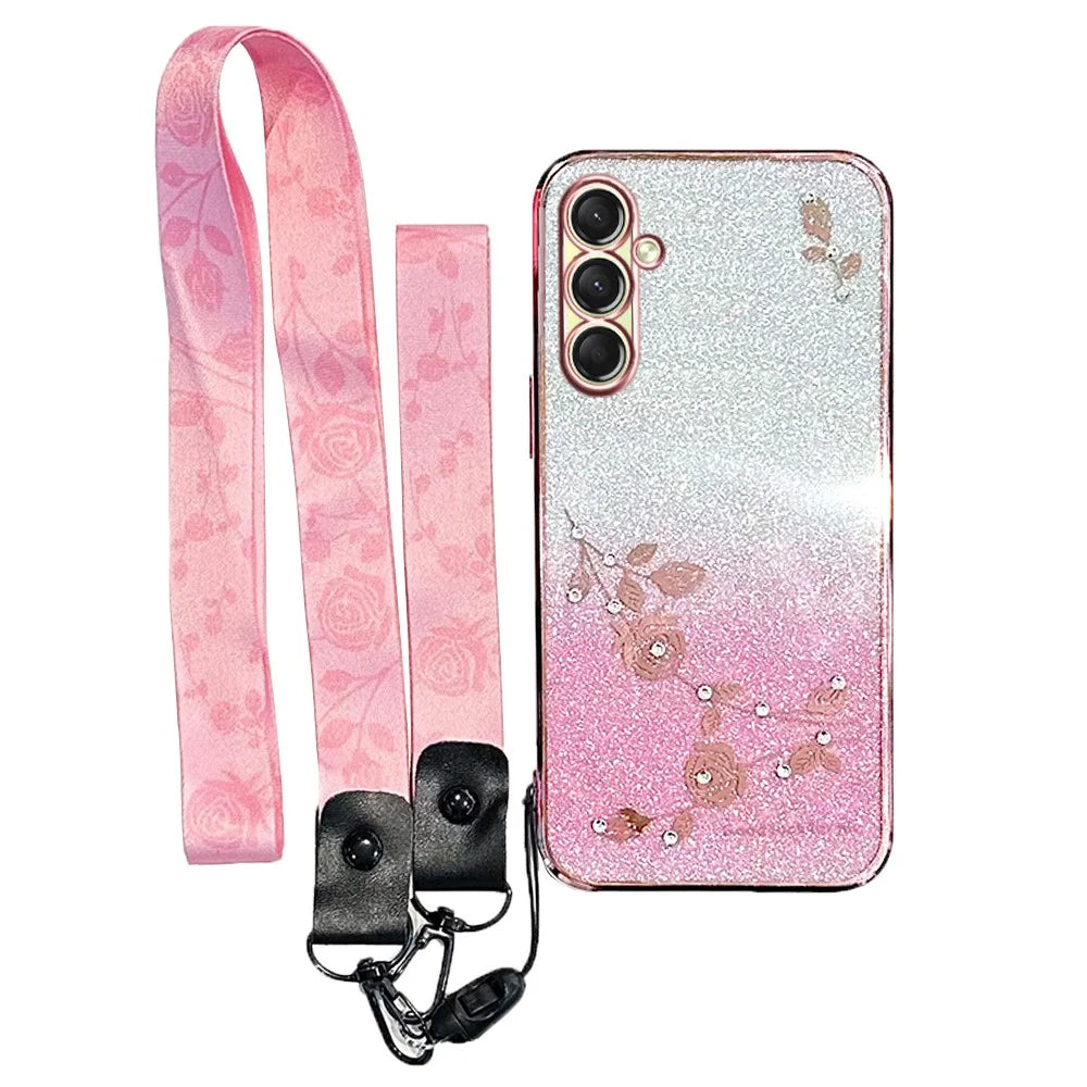 KADEM For Samsung Galaxy A18 5G / A18 4G / A17 5G / A17 4G Case Flower Pattern TPU Gradient Phone Cover with Lanyards - Rose Gold - 1