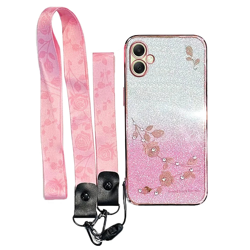 KADEM For Samsung Galaxy A06 4G Case Flower Pattern TPU Gradient Phone Cover with Lanyards - Rose Gold - 1