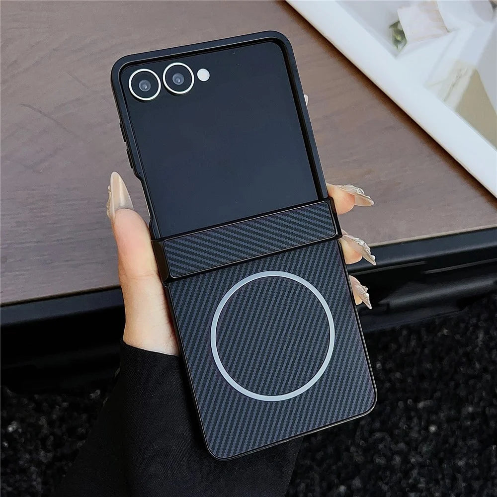 For Samsung Galaxy Z Flip7 5G Cover Magnetic Case Carbon Fiber Texture Folding Phone Case - Blue - 1