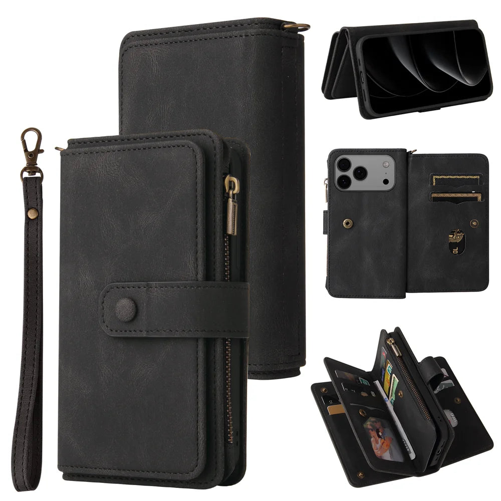For iPhone 18 Pro Max / 17 Pro Max Zipper Wallet Case with 15 Card Slots and Strap Leather Phone Cover - Black - 1
