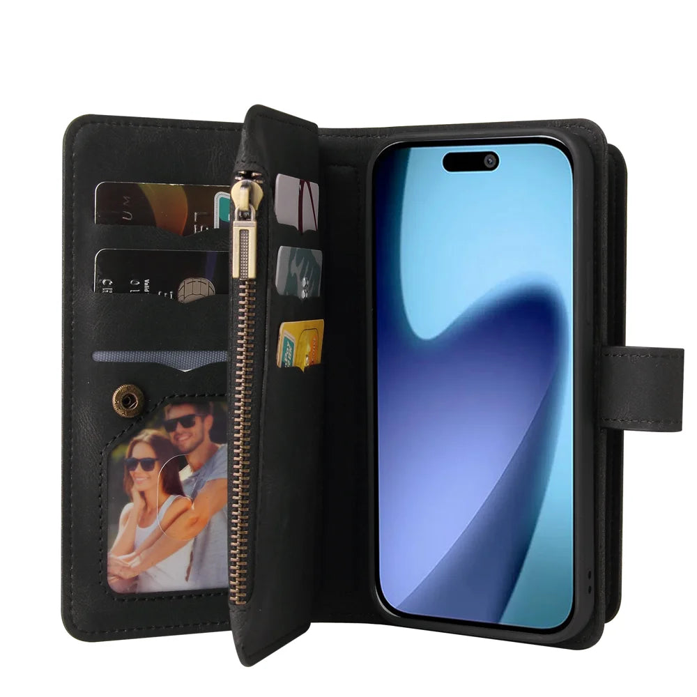 For iPhone Air Zipper Wallet Case with 15 Card Slots and Strap Leather Phone Cover - Black - 3