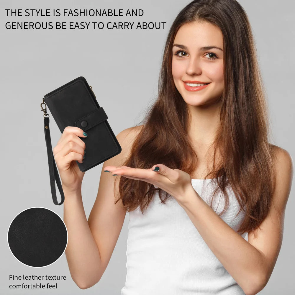 For iPhone Air Zipper Wallet Case with 15 Card Slots and Strap Leather Phone Cover - Black - 6