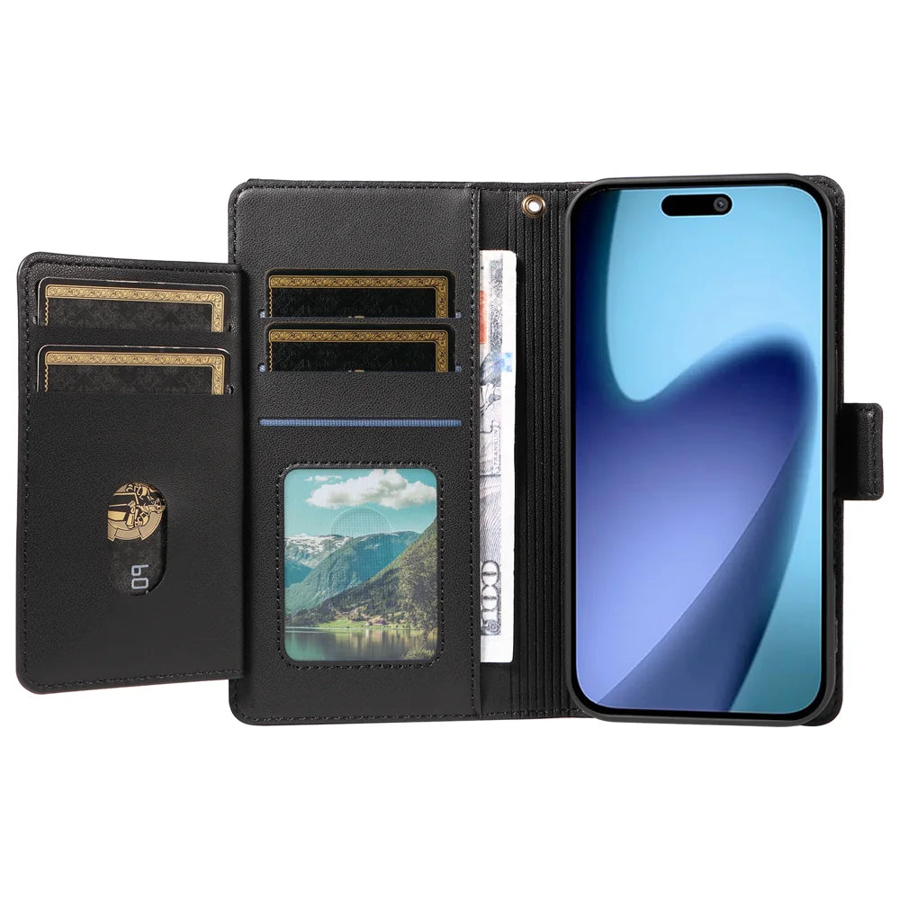 For iPhone Air Case with Multi-Card Holder and Strap PU Leather Phone Cover Stand - Black - 2
