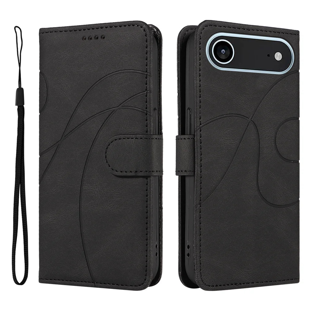 For iPhone Air Wallet Case Leather Phone Cover Stand with Curved Line Design -  Black - 1