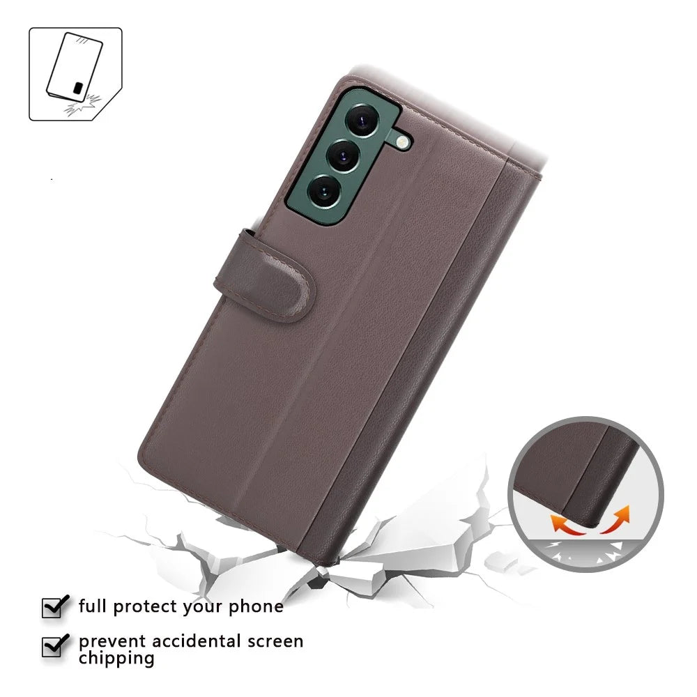 For Samsung Galaxy S23+ Case Genuine Split Leather Phone Cover with Wallet Stand - Brown - 4