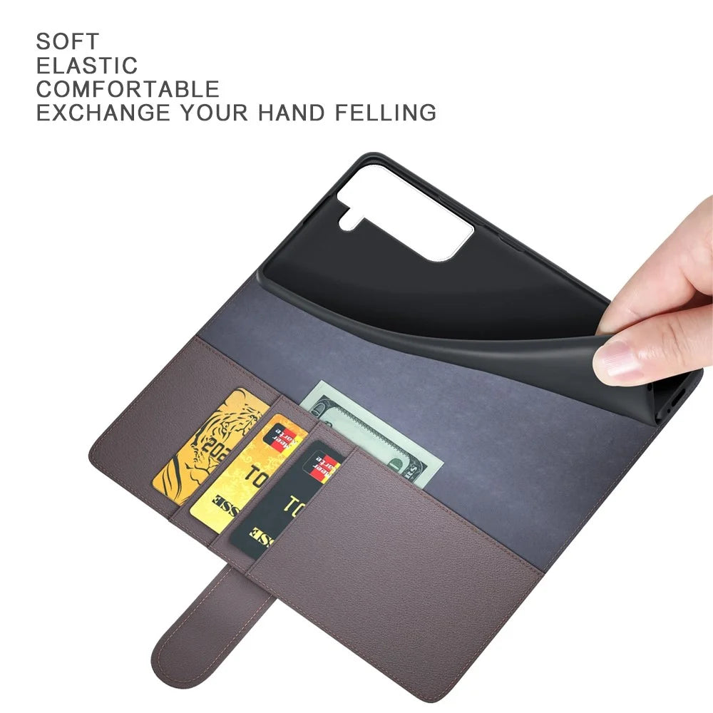 For Samsung Galaxy S23 Case Genuine Split Leather Phone Cover with Wallet Stand - Black - 5