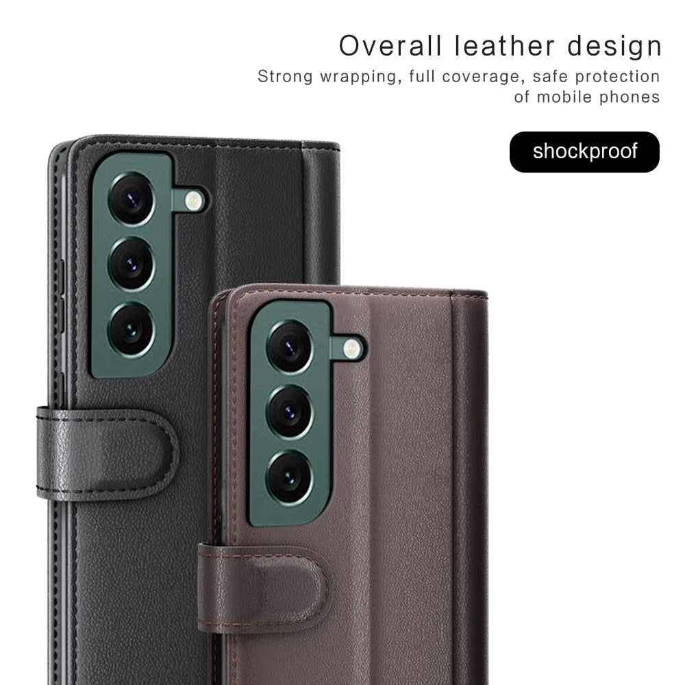 For Samsung Galaxy S23 Case Genuine Split Leather Phone Cover with Wallet Stand - Black - 7