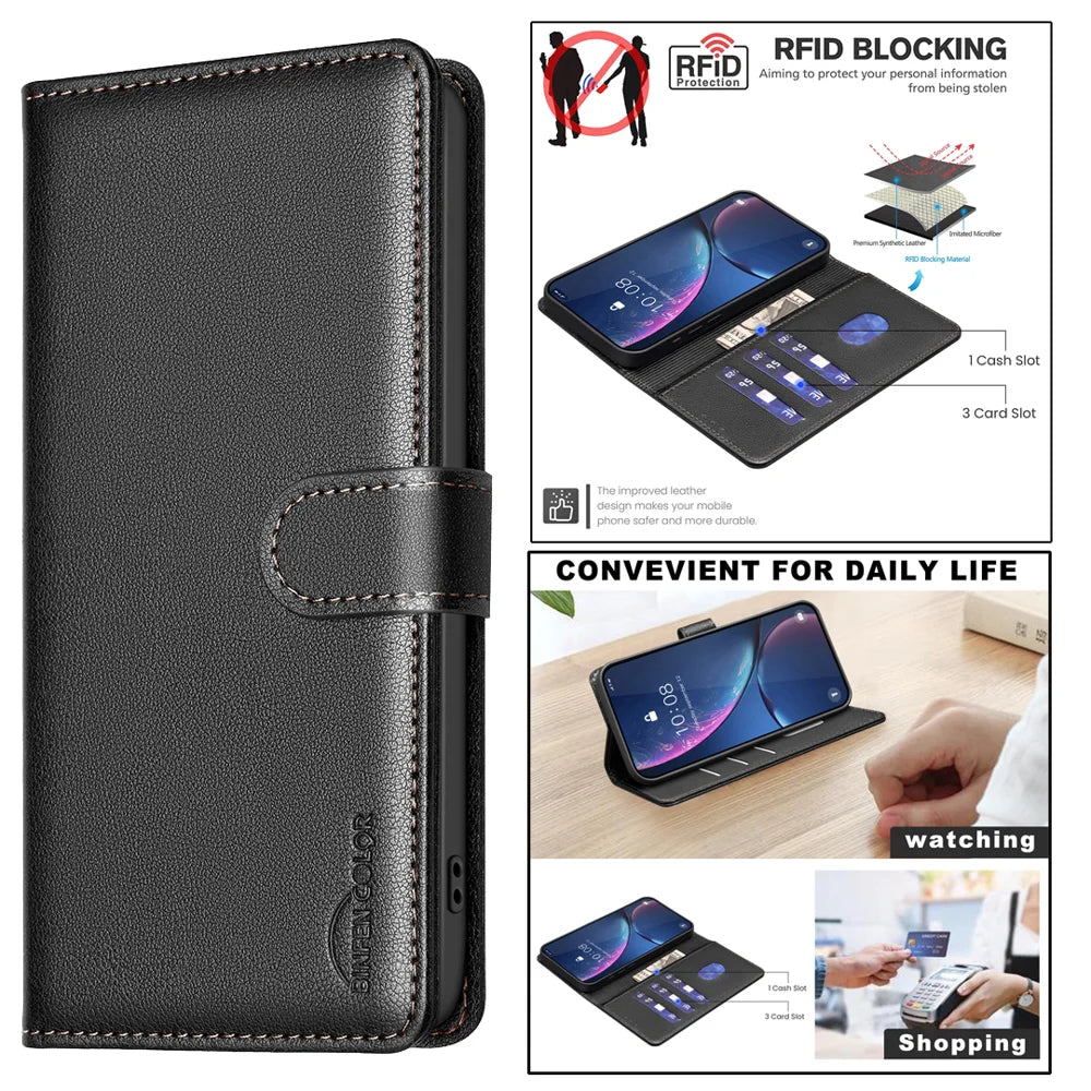 BINFEN COLOR For Samsung Galaxy M36 5G Leather Case  BF32 Wallet RFID Blocking Phone Cover - Black - 4