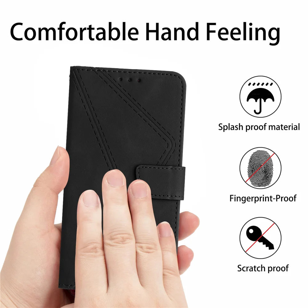 For Samsung Galaxy M36 5G Case Skin Touch Lines Imprinted PU Leather Flip Phone Cover - Black - 6