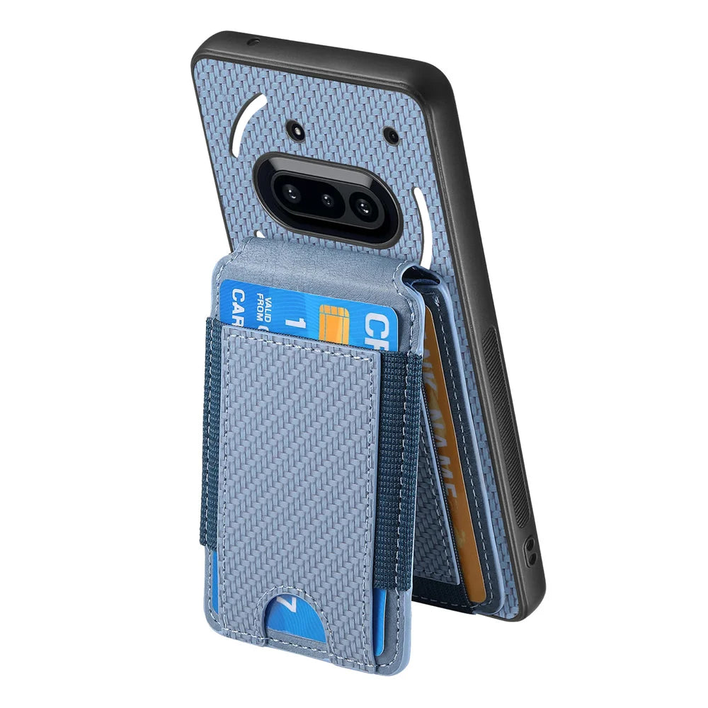 For Nothing Phone (3a) Case with Card Holder Kickstand Leather Back Cover - Blue - 3