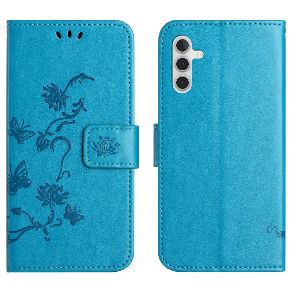For Samsung Galaxy S25 FE Case Wallet Stand Imprinted Butterfly Flower PU Leather Phone Cover - Blue - 1