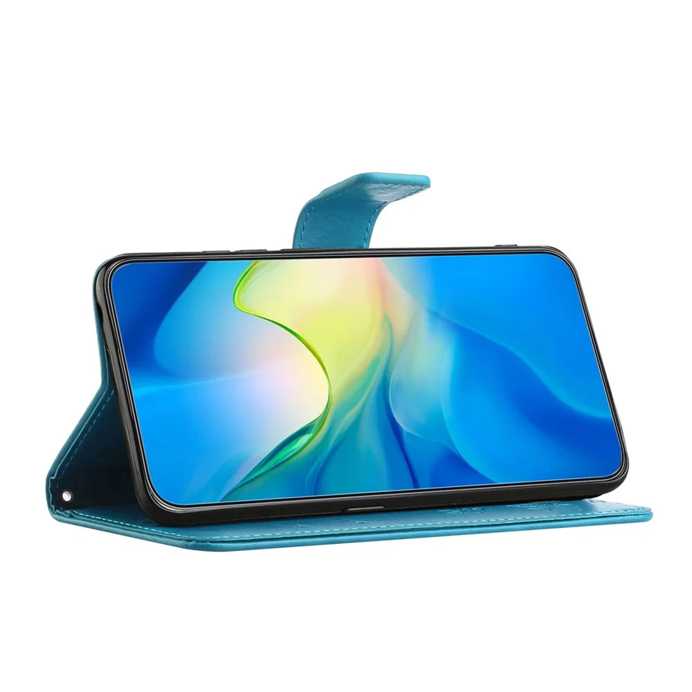 For Samsung Galaxy S25 FE Case Wallet Stand Imprinted Butterfly Flower PU Leather Phone Cover - Blue - 2