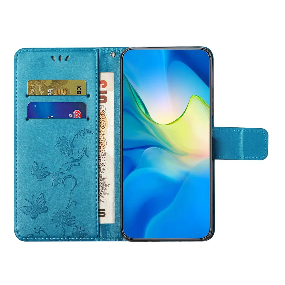 For Samsung Galaxy S25 FE Case Wallet Stand Imprinted Butterfly Flower PU Leather Phone Cover - Blue - 3