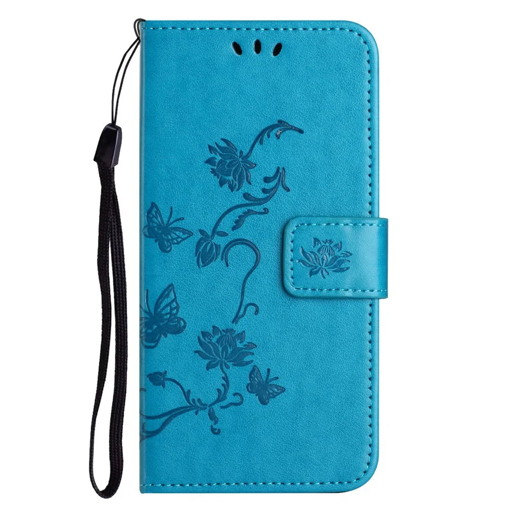 For Samsung Galaxy S25 FE Case Wallet Stand Imprinted Butterfly Flower PU Leather Phone Cover - Blue - 4