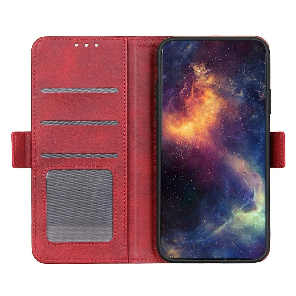 For Samsung Galaxy S25 FE Case Stand Cowhide Texture PU Leather Phone Cover - Red - 2