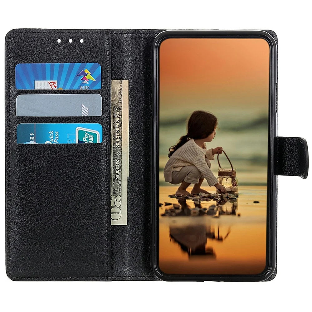 For Samsung Galaxy S25 FE Wallet Case PU Leather Phone Cover Litchi Texture - Black - 2