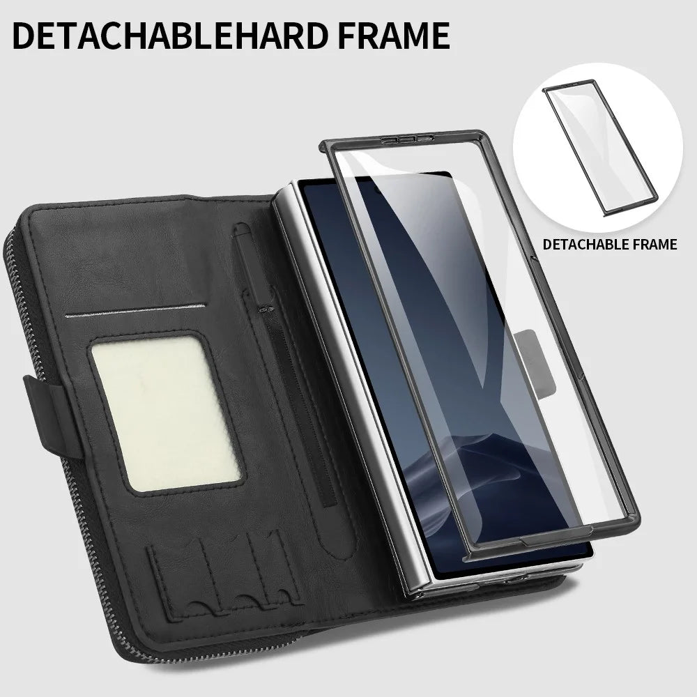 For Samsung Galaxy Z Fold7 5G Case Zipper Pocket Leather Phone Cover with Screen Protector / Stylus Pen - Black - 2