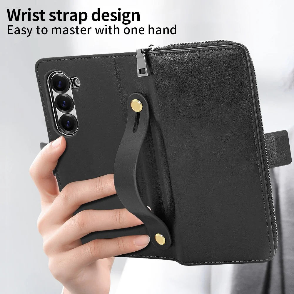 For Samsung Galaxy Z Fold5 5G Case Zipper Pocket Leather Phone Cover with Screen Protector / Stylus Pen - Black - 6