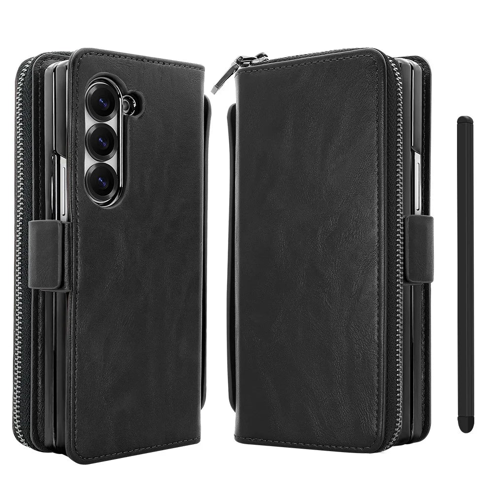 For Samsung Galaxy Z Fold6 5G Case Zipper Pocket Leather Phone Cover with Screen Protector / Stylus Pen - Black - 1
