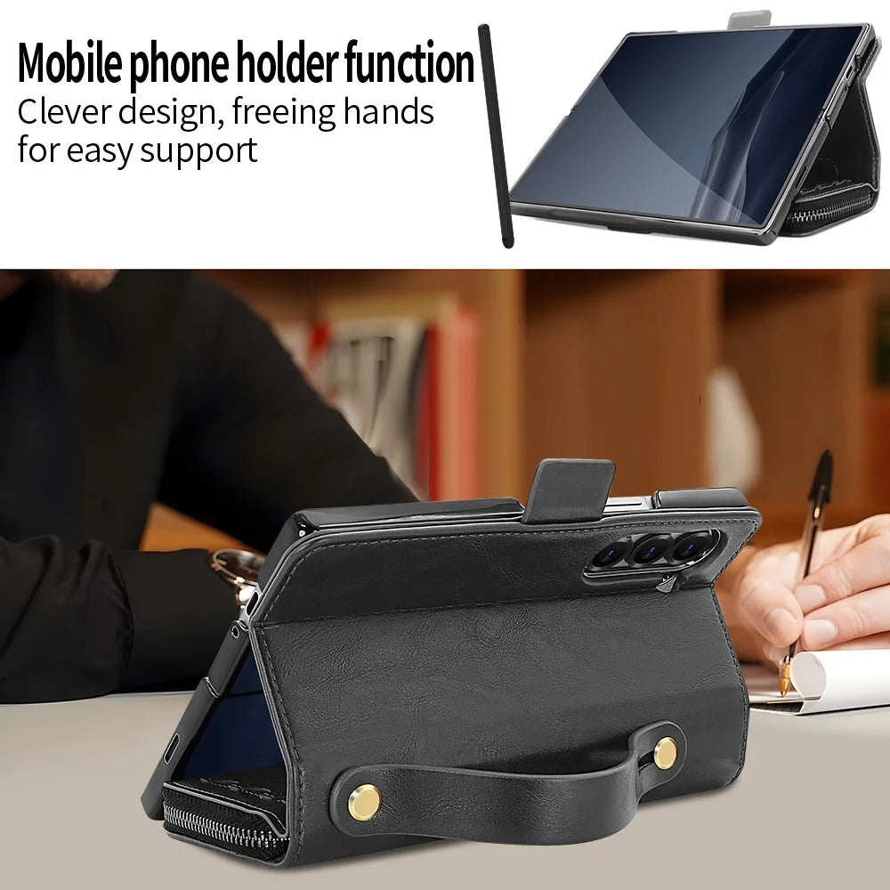 For Samsung Galaxy Z Fold6 5G Case Zipper Pocket Leather Phone Cover with Screen Protector / Stylus Pen - Black - 4