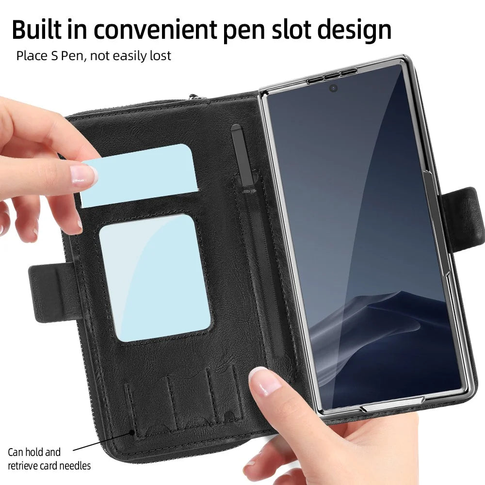 For Samsung Galaxy Z Fold6 5G Case Zipper Pocket Leather Phone Cover with Screen Protector / Stylus Pen - Black - 7