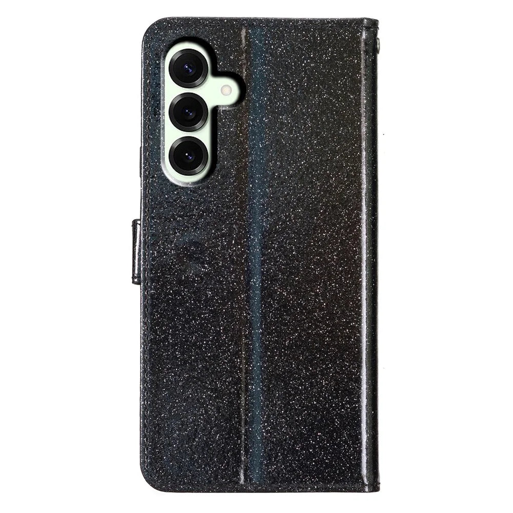 For Samsung Galaxy S25 FE Wallet Case Glitter Anti-Scratch Leather Stand Phone Cover with Strap - Black - 6
