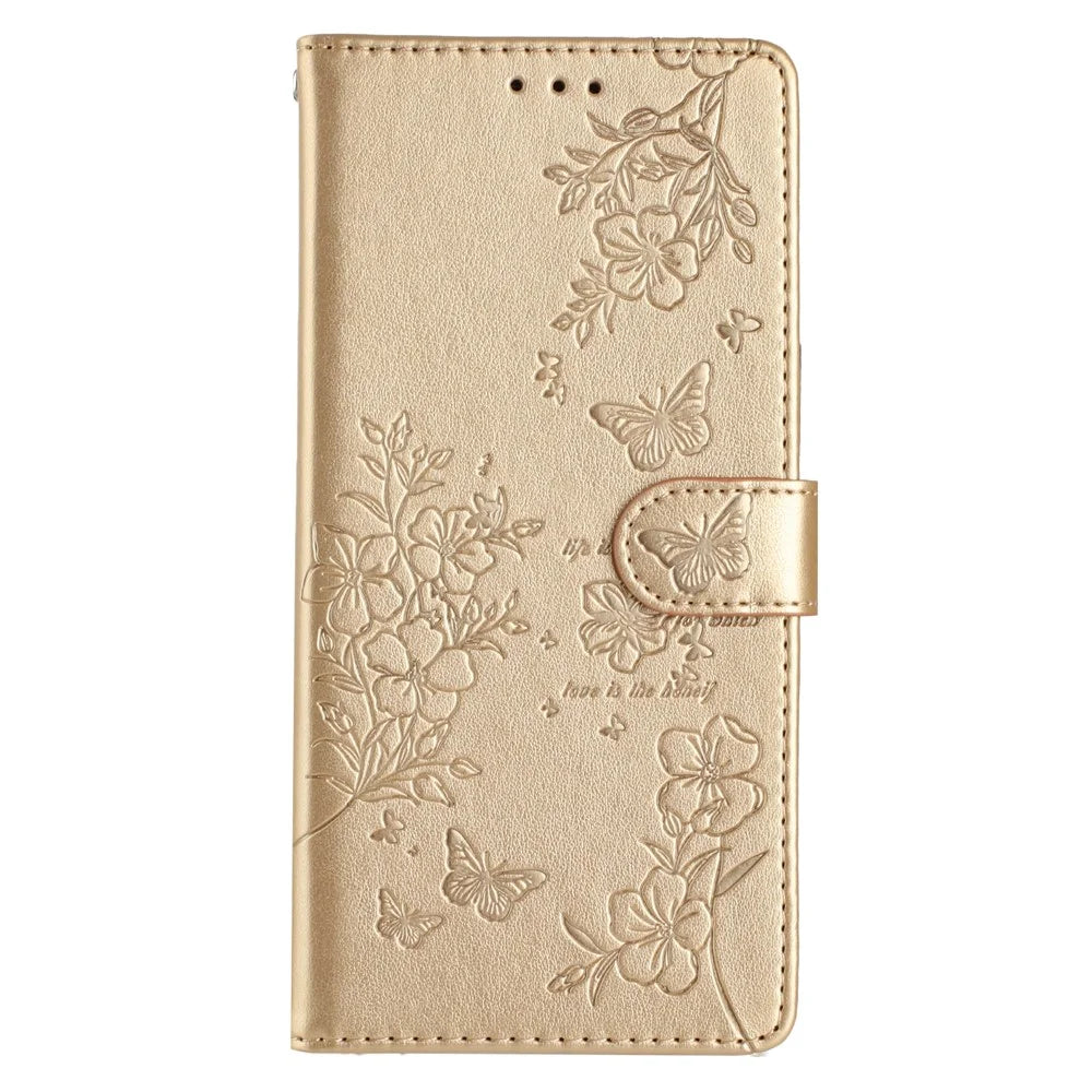 For Samsung Galaxy M36 5G Wallet Phone Case Butterfly Floral Imprint Leather Flip Cover with Strap - Gold - 6