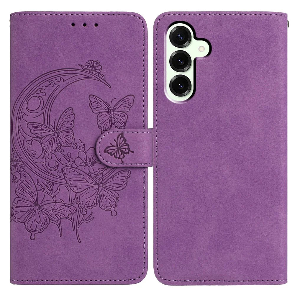 For Samsung Galaxy M36 5G Case Butterfly Flower Imprinted PU Leather Wallet Stand Phone Cover - Purple - 1