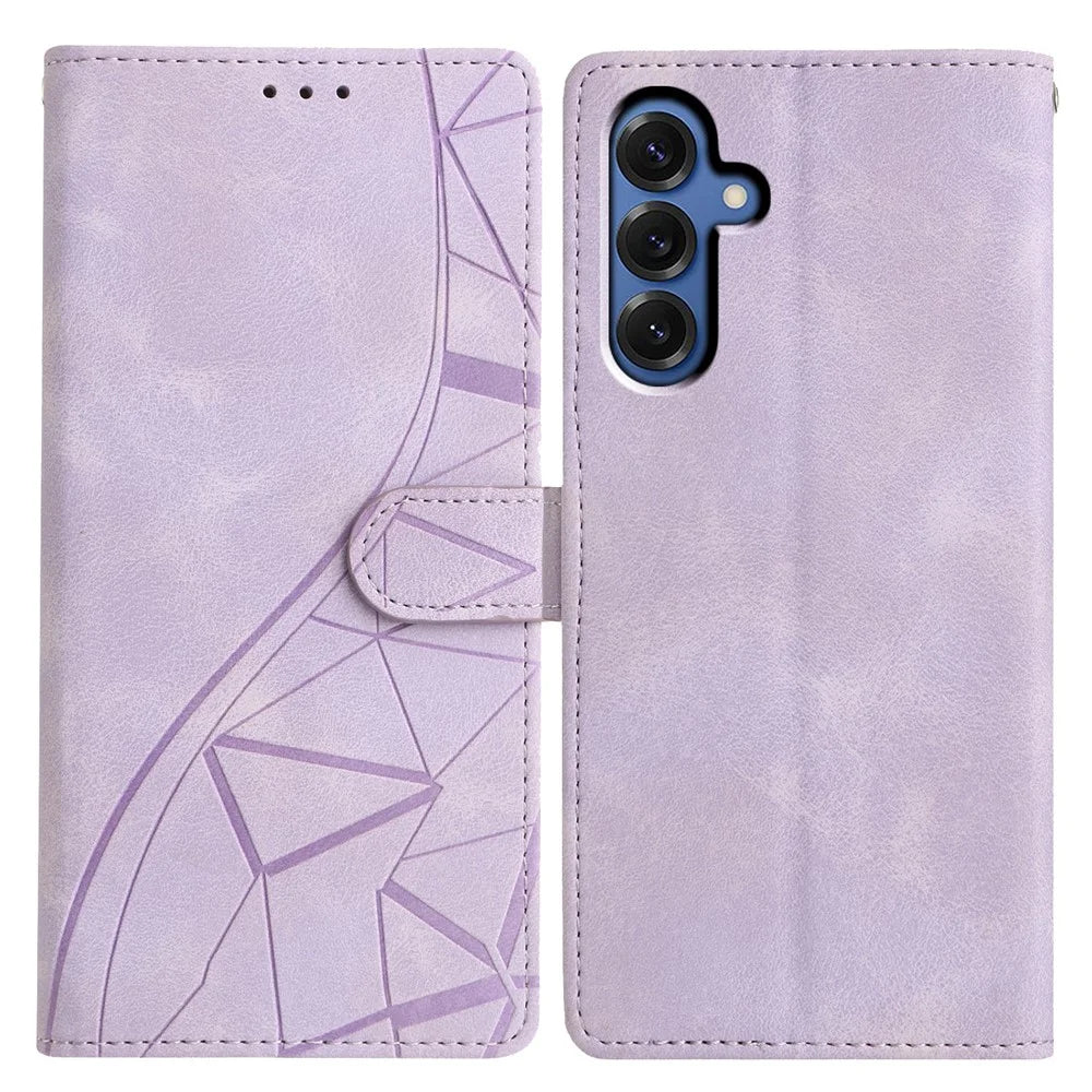 For Samsung Galaxy M36 5G Case Wallet Stand Imprinted Triangle Pattern Leather Phone Flip Cover - Purple - 1